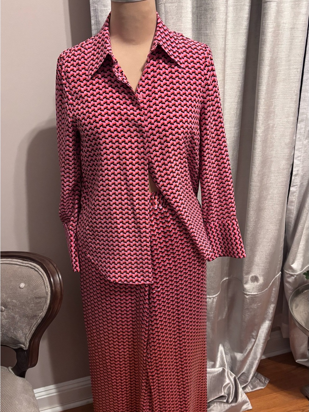 Autograph M&S Pink Black Geo Print Button Down & Wide Leg Pant Set US 6 UK 10